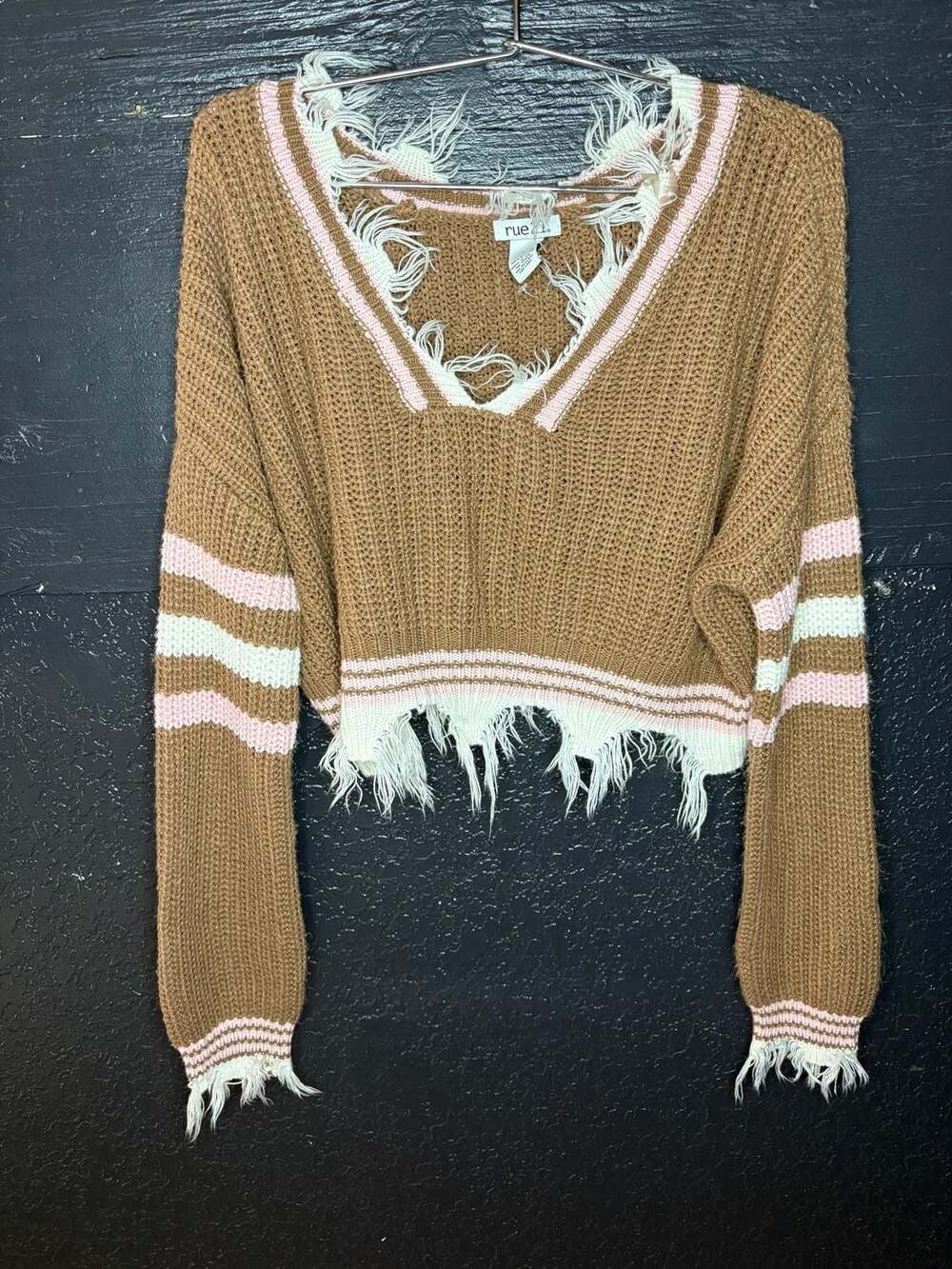Rue21 Brown and Pink Distressed Striped V-Neck Cropped Sweater